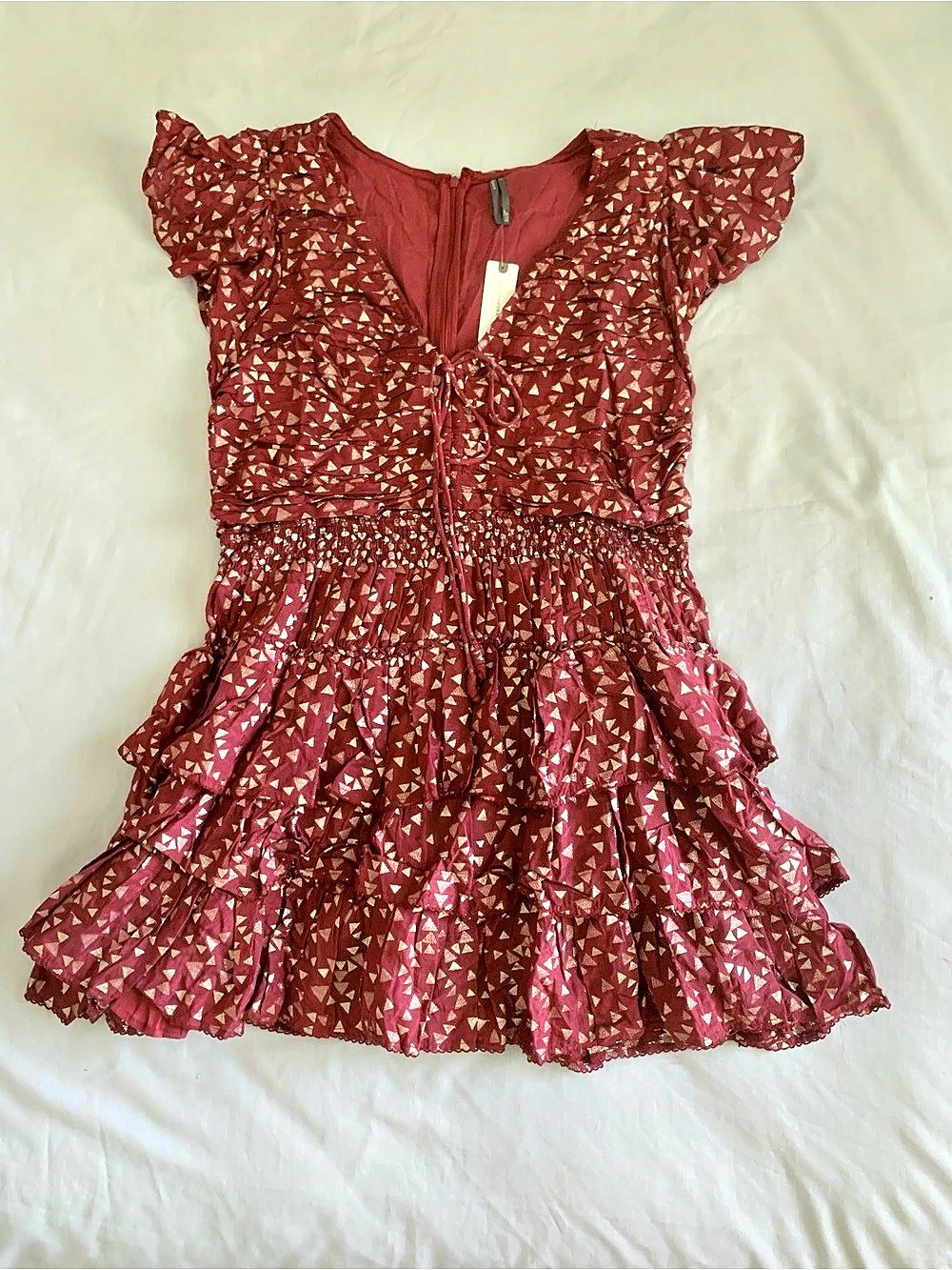By Anthropologie Ruffled Mini Dress NWT Red Gold Metallic Smocked XL OB2350573